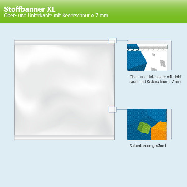 ExpoDruck Stoffhänger XL mit Alu-Kederprofil Hochformat gesäumt skizze